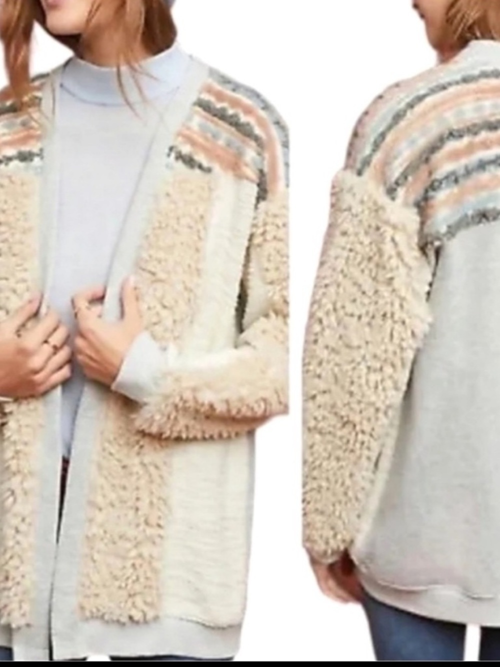 Anthropologie Amadi Textured Sherpa Cream and Tan Sherpa-Detail Cardigan sz S